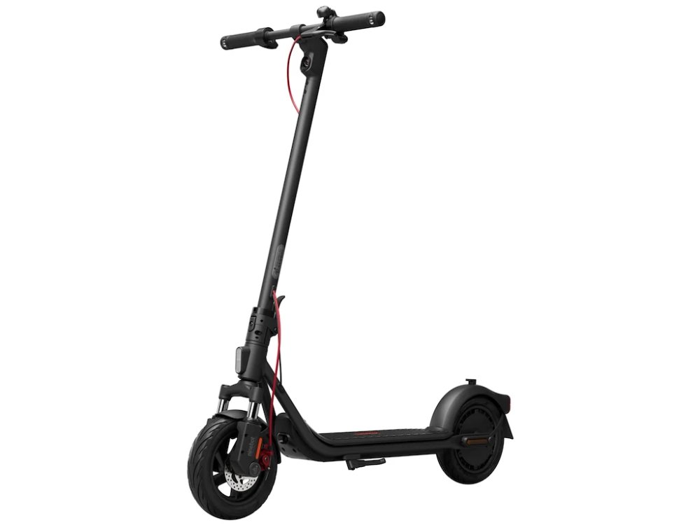 Sort Segway-el-løbehjul med røde bremsekabler og affjedret forgaffel på hvid baggrund