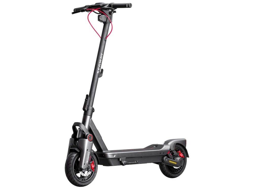 Gråsort Segway Max-el-løbehjul med affjedring foran og røde bremsekalibre på hvid baggrund